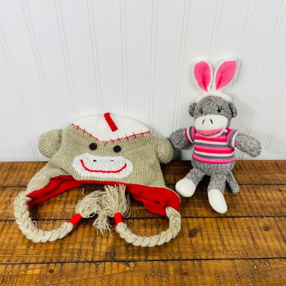 Lot of 2-Kids Sock Monkey Beanie/ Hat- Arizona & Small Sock Monkey Plush Dan Dee - Picture 10 of 15
